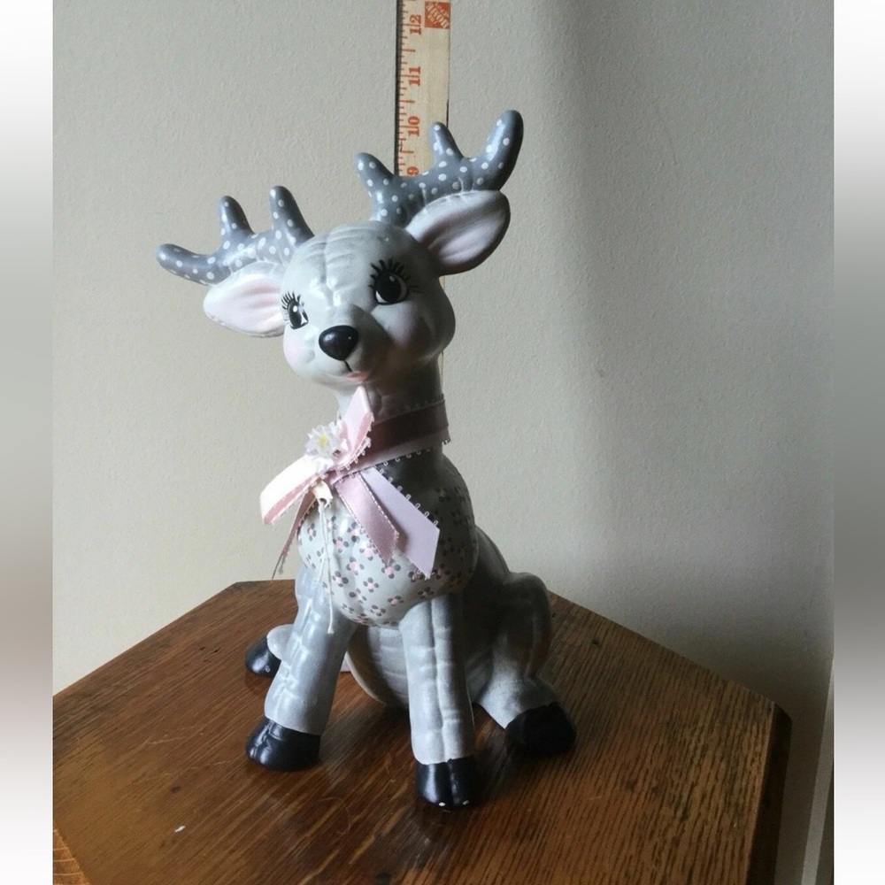Vintage Decorative Gray and Pink Deer Ceramic Figurine with Bow - Picture 2 of 9